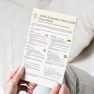Tablet mockup of ADHD Dopamine Menu Guide Cheat Sheet digital download, ADHD productivity tool for focus and dopamine boost.