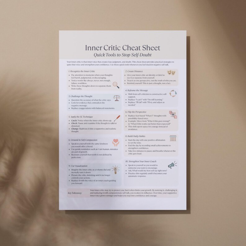 Wall poster-style mockup of the Inner Critic Cheat Sheet displayed flat against a neutral beige wall with natural shadows.