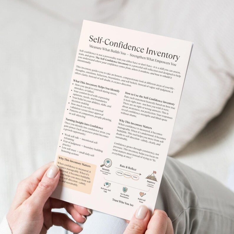 May include: A person holds a white and pink Self-Confidence Inventory card. The card features text about self-confidence, including "Measure What Builds You - Strengthen What Empowers You." The card also has diagrams and bullet points.