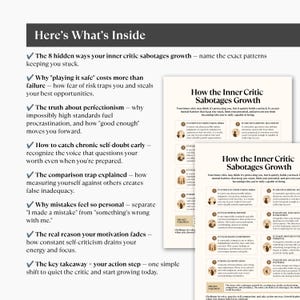 Puede incluir: Un documento digital titulado Here's What's Inside que enumera ocho puntos sobre el sabotaje del cr&iacute;tico interno, junto a dos hojas informativas apiladas tituladas How the Inner Critic Sabotages Growth, con texto y peque&ntilde;os iconos.