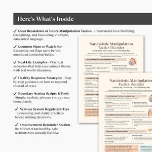 May include: A guide titled "Narcissistic Manipulation Tactics Decoder" with sections on love bombing, gaslighting, and hoovering. The guide includes common signs, real-life examples, and response strategies. Text on the left side lists what's inside the guide.