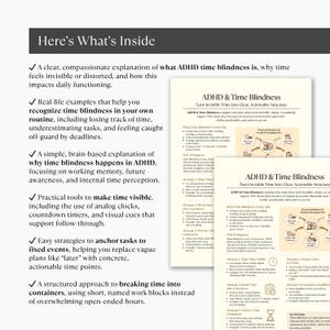 May include: A graphic with the title "Here's What's Inside" and bullet points describing ADHD time blindness. The image includes text about understanding the condition, recognizing it, and strategies for managing it.