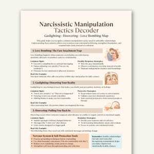 Puede incluir: Una guía titulada "Decodificador de tácticas de manipulación narcisista" con secciones sobre Gaslighting, Hoovering y Love Bombing. La guía proporciona información sobre patrones de relaciones poco saludables y estrategias de protección.