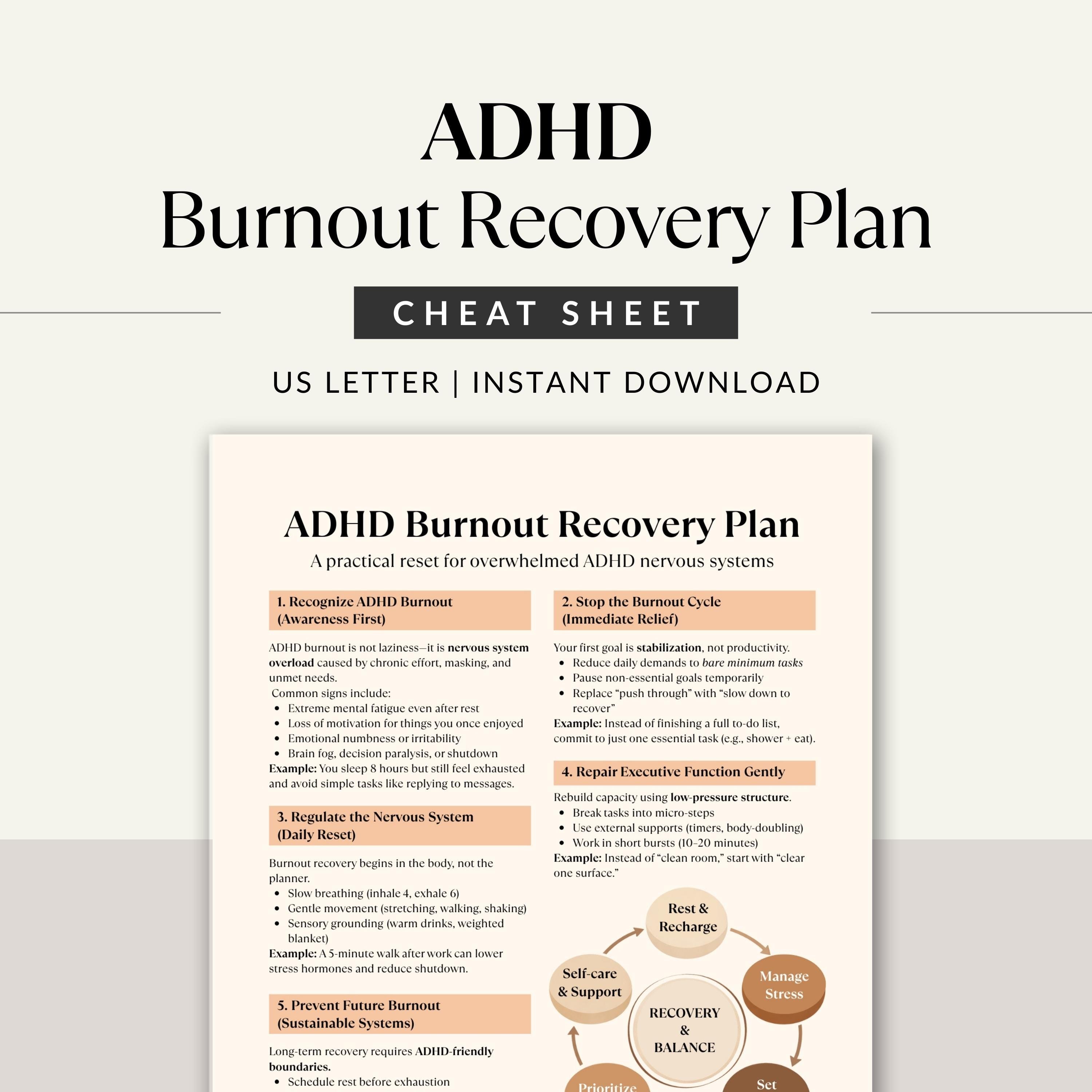 ADHD Burnout Recovery Plan Cheat Sheet, Nervous System Reset, Executive ...