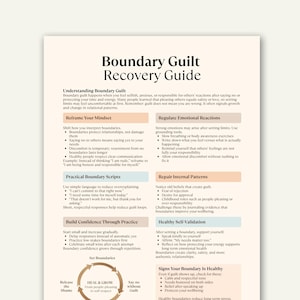May include: A white paper titled "Boundary Guilt Recovery Guide" with sections on reframing mindset, emotional reactions, and self-validation. The guide offers practical scripts and advice for setting boundaries.