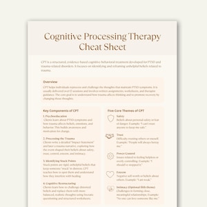 Puede incluir: Una hoja de trucos de color crema titulada "Terapia de Procesamiento Cognitivo". El documento describe los componentes clave y los temas centrales de la CPT, un tratamiento para los trastornos relacionados con el trauma. El texto incluye ejemplos de creencias relacionadas con la seguridad, la confianza y la autoestima.