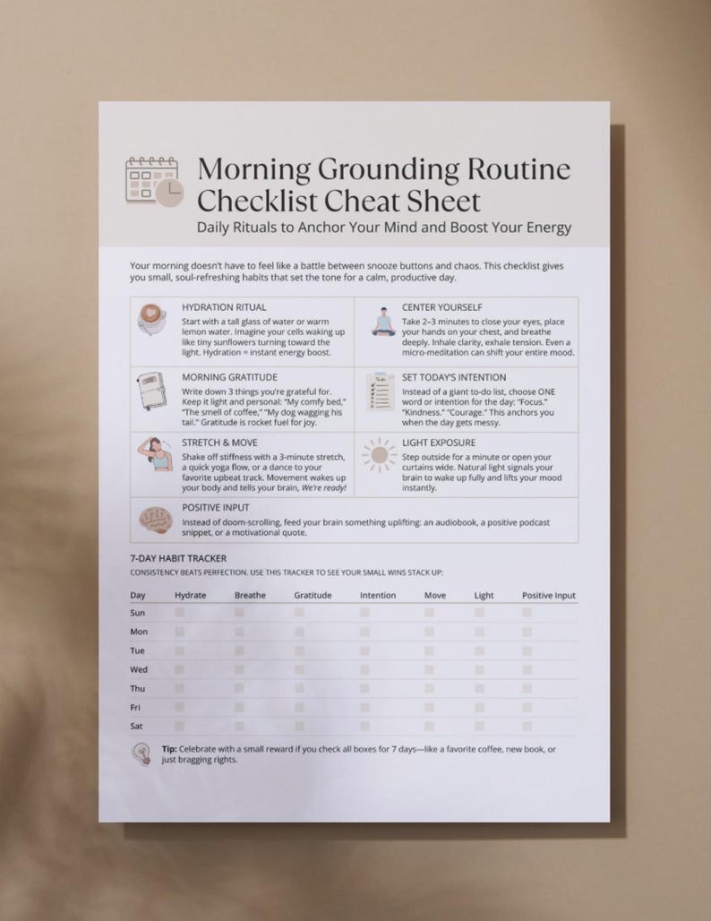 Printed Morning Grounding Routine Checklist cheat sheet displayed on a wall with natural light, highlighting the daily rituals and 7-day habit tracker.