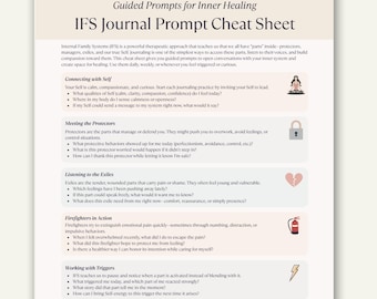 Puede incluir: Una hoja de trucos beige titulada "IFS Journal Prompt Cheat Sheet" con indicaciones para la curación interior. La hoja incluye secciones sobre la conexión con uno mismo, la reunión de protectores, la escucha de exiliados, los bomberos en acción, el trabajo con los desencadenantes y las indicaciones de integración diaria.