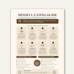 Peut inclure: Infographie beige et marron intitulée "Guide de l'alimentation consciente", avec du texte et des icônes détaillant les principes, les avantages et les conseils pour une alimentation consciente. L'accent est mis sur la pleine conscience et le plaisir de chaque bouchée.