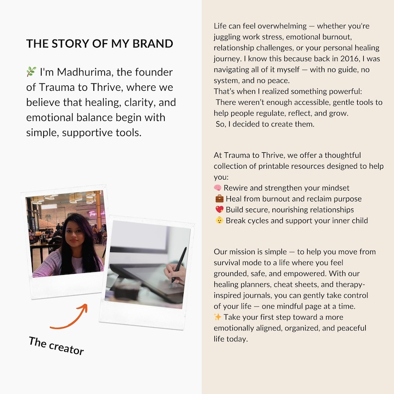 Brand story mock-up featuring Madhurima, founder of Trauma to Thrive, sharing her journey and the mission behind therapy printables.