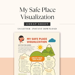Puede incluir: Una descarga digital titulada "My Safe Place Visualization Cheat Sheet". La imagen es una infograf&iacute;a colorida con ilustraciones de un sol, monta&ntilde;as y una nube. El texto explica c&oacute;mo crear un lugar seguro para el bienestar emocional.