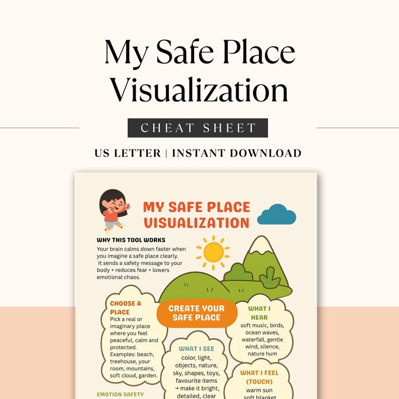 Puede incluir: Una descarga digital titulada "My Safe Place Visualization Cheat Sheet". La imagen es una infograf&iacute;a colorida con ilustraciones de un sol, monta&ntilde;as y una nube. El texto explica c&oacute;mo crear un lugar seguro para el bienestar emocional.