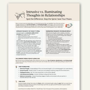 Könnte beinhalten: Informative Grafik mit dem Titel „Intrusive vs. Ruminierende Gedanken in Beziehungen“. Der Text erklärt die Unterschiede zwischen aufdringlichen und grüblerischen Gedanken und gibt Ratschläge, wie man sie für gesündere Beziehungen bewältigen kann.