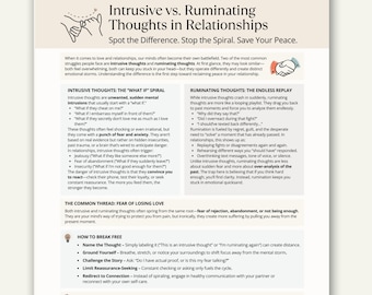 Intrusive vs. Ruminating Thoughts in Relationships, Couples Therapy Printable, Overthinking in love Worksheet