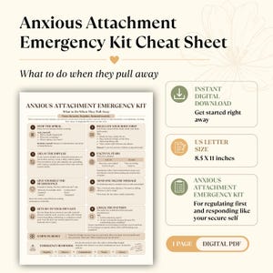 Puede incluir: Una hoja de trucos Anxious Attachment Emergency Kit en formato PDF digital. El documento presenta un fondo beige con texto en negro, describiendo ocho pasos para gestionar la ansiedad relacional, incluyendo un reinicio de 5 minutos y recordatorios.
