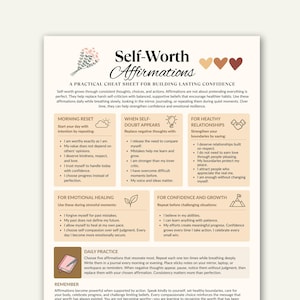 May include: A printed document titled Self-Worth Affirmations: A Practical Cheat Sheet for Building Lasting Confidence. The page features sections for morning reset, self-doubt, relationships, emotional healing, and confidence with bulleted lists.