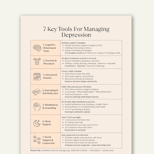 Puede incluir: Una infografía beige titulada "7 herramientas clave para manejar la depresión". El gráfico enumera siete herramientas: Herramientas cognitivas conductuales, Ejercicio y movimiento, Rutina estructurada, Diario y autorreflexión, Mindfulness y conexión a tierra, Higiene del sueño y Apoyo social y conexión.