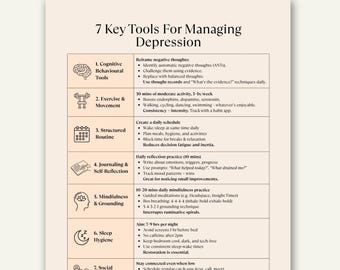 May include: A beige infographic titled "7 Key Tools For Managing Depression." The graphic lists seven tools: Cognitive Behavioural Tools, Exercise & Movement, Structured Routine, Journaling & Self-Reflection, Mindfulness & Grounding, Sleep Hygiene, and Social Support & Connection.
