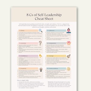 May include: A self-leadership cheat sheet with the title "8 Cs of Self-Leadership." The infographic lists eight key principles for self-improvement, including clarity, calmness, and courage. The design is clean with icons and bullet points.