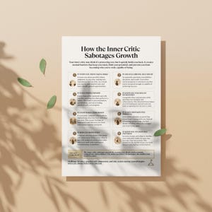 Puede incluir: Un p&oacute;ster informativo blanco titulado How the Inner Critic Sabotages Growth. Presenta ocho puntos numerados con peque&ntilde;as ilustraciones circulares que explican c&oacute;mo la autocr&iacute;tica afecta el desarrollo personal y una secci&oacute;n de conclusiones clave.