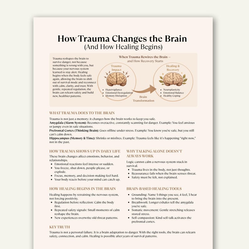 How Trauma Changes the Brain Cheat Sheet, Trauma Healing Guide, Nervous System Therapy Printable image 1