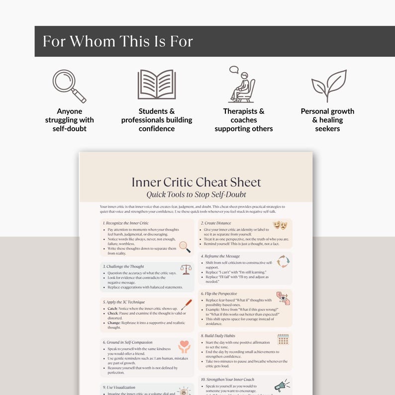 For Whom This Is For mockup page with four illustrated icons and descriptions, highlighting students, professionals, therapists, and personal growth seekers.