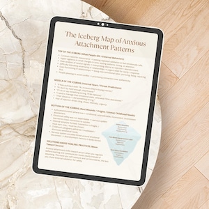 Anxious Attachment Iceberg Map displayed on tablet device, digital healing worksheet for therapy, relationships, and attachment styles.