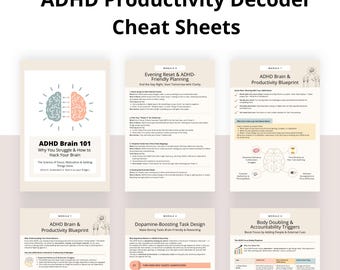 Folhas de dicas para decodificação de produtividade para TDAH, planilha de estratégias de foco, dicas para o cérebro em PDF para impressão