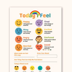 May include: A colorful chart titled "Today I Feel" with various emotions like happy, angry, and confused, each represented by a corresponding emoji. The chart includes space to draw a mood and reflect on feelings.