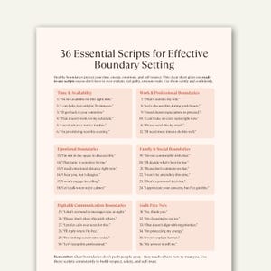 May include: A white paper titled "36 Essential Scripts for Effective Boundary Setting" with text in black. The text is organized into sections like Time & Availability, Emotional Boundaries, and Guilt-Free No's. The document offers scripts for setting boundaries.