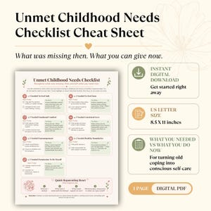 May include: A digital Unmet Childhood Needs Checklist Cheat Sheet in US Letter size 8.5 x 11 inches. The document features seven sections detailing needs like safety, being seen, emotional comfort, consistent love, encouragement, boundaries, and self-expression.