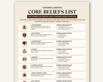 Pode incluir: Uma folha informativa bege intitulada COMMON LIMITING CORE BELIEFS LIST. Apresenta oito secções numeradas com ícones e texto que descrevem crenças limitadoras como indignidade, incompetência, fracasso, desconfiança, impotência, vergonha e insuficiência.