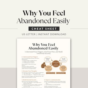 May include: A white document with the title "Why You Feel Abandoned Easily" in a bold, black font. The document is a cheat sheet with sections on understanding triggers, reframing thoughts, building internal security, and improving communication.