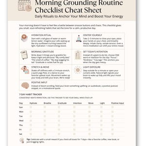 Puede incluir: Una lista de verificación titulada "Morning Grounding Routine Checklist Cheat Sheet" con rituales diarios para anclar tu mente e impulsar tu energía. Incluye secciones sobre hidratación, gratitud y movimiento, además de un rastreador de hábitos de 7 días.