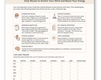 May include: A checklist titled "Morning Grounding Routine Checklist Cheat Sheet" with daily rituals to anchor your mind and boost energy. Includes sections on hydration, gratitude, and movement, plus a 7-day habit tracker. The text is in black on a cream background.