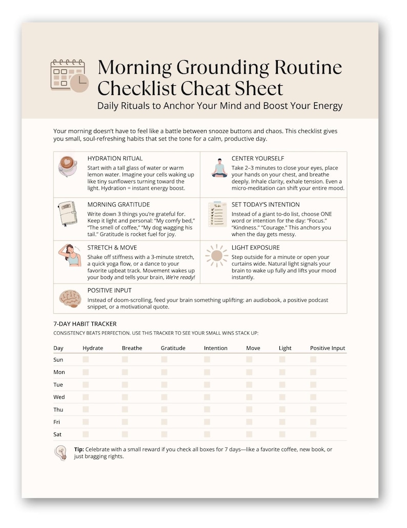 Morning Grounding Routine Checklist Cheat Sheet displayed on a clean white background, featuring hydration, gratitude, movement, and habit tracker sections.