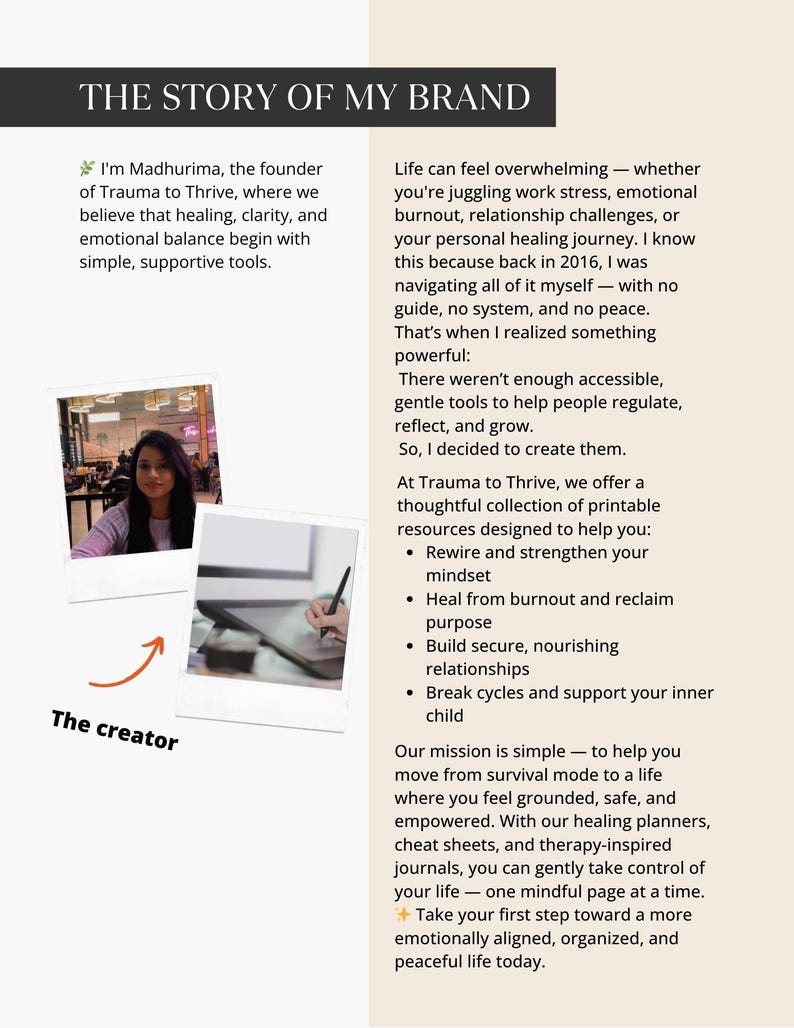 The Story of My Brand mockup featuring Madhurima, founder of Trauma to Thrive, with a personal brand story, mission, and polaroid-style creator photo beside the text.