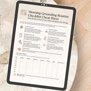 Morning Grounding Routine Checklist cheat sheet displayed on a tablet screen on a marble tabletop, showcasing digital use option.