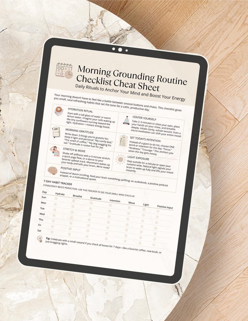 Morning Grounding Routine Checklist cheat sheet displayed on a tablet screen on a marble tabletop, showcasing digital use option.