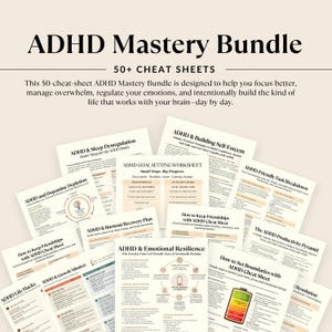 Może przedstawiać: Pakiet ADHD Mastery z ponad 50 arkuszami porad. Pakiet zawiera przewodniki dotyczące snu, poczucia własnej wartości, wyznaczania celów, podziału zadań i innych. Tekst na arkuszach jest przejrzysty i łatwy do odczytania.