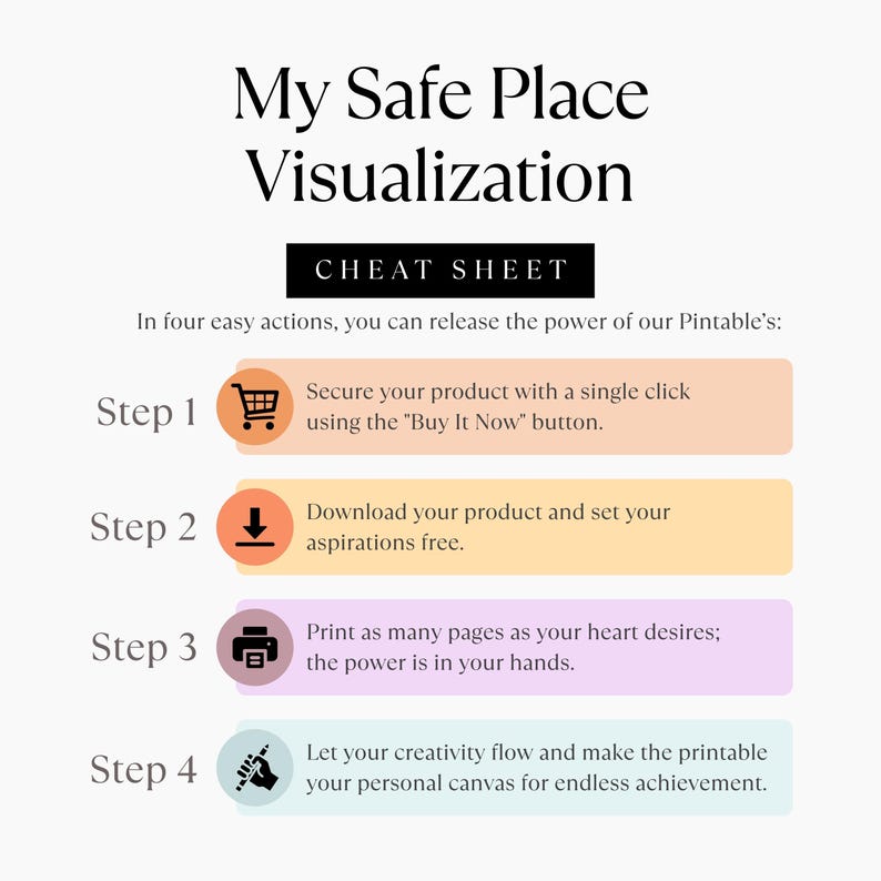 Puede incluir: Una impresi&oacute;n digital titulada "My Safe Place Visualization" con instrucciones en cuatro pasos. Los pasos incluyen asegurar el producto, descargar, imprimir y dejar fluir la creatividad. El texto est&aacute; en una fuente negra y elegante sobre un fondo blanco.