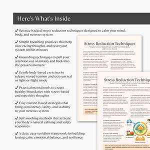 May include: A graphic with the title "Here's What's Inside" lists stress reduction techniques. The techniques include breathing practices, grounding, body exercises, mental tools, and self-soothing methods. The image also shows a document titled "Stress Reduction Techniques".