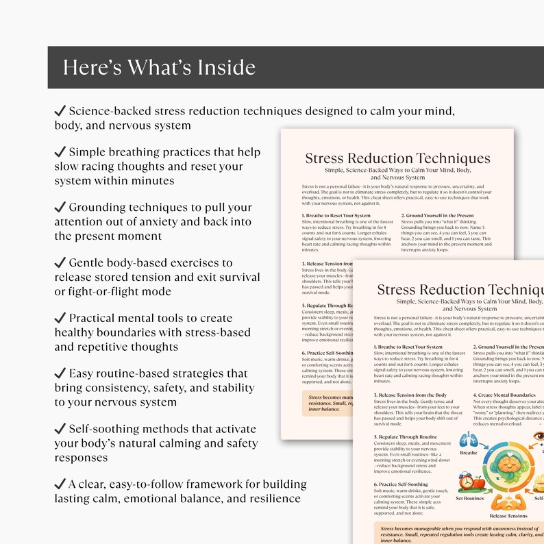 May include: A graphic with the title "Here's What's Inside" lists stress reduction techniques. The techniques include breathing practices, grounding, body exercises, mental tools, and self-soothing methods. The image also shows a document titled "Stress Reduction Techniques".
