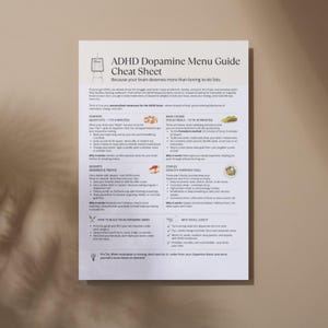 Wall mockup of ADHD Dopamine Menu Cheat Sheet printable displayed in a room setting, ADHD focus and energy booster guide.