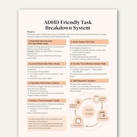 ADHD Task Management Cheat Sheet, Printable Productivity System (PDF Download)