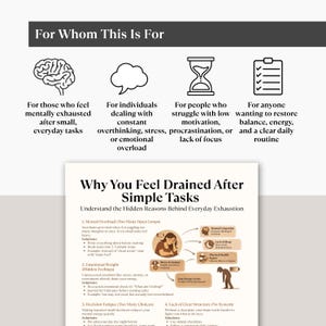 May include: An informational graphic with the title "Why You Feel Drained After Simple Tasks." The image explains reasons for exhaustion, including mental overload and emotional weight. Text at the top reads "For Whom This Is For."