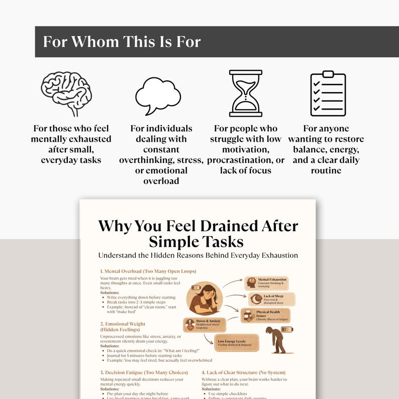 May include: An informational graphic with the title "Why You Feel Drained After Simple Tasks." The image explains reasons for exhaustion, including mental overload and emotional weight. Text at the top reads "For Whom This Is For."