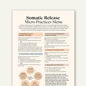 May include: A printed menu titled "Somatic Release Micro-Practices Menu" with instructions for calming the nervous system. The menu includes sections on grounding, nervous system regulation, and emotional discharge.