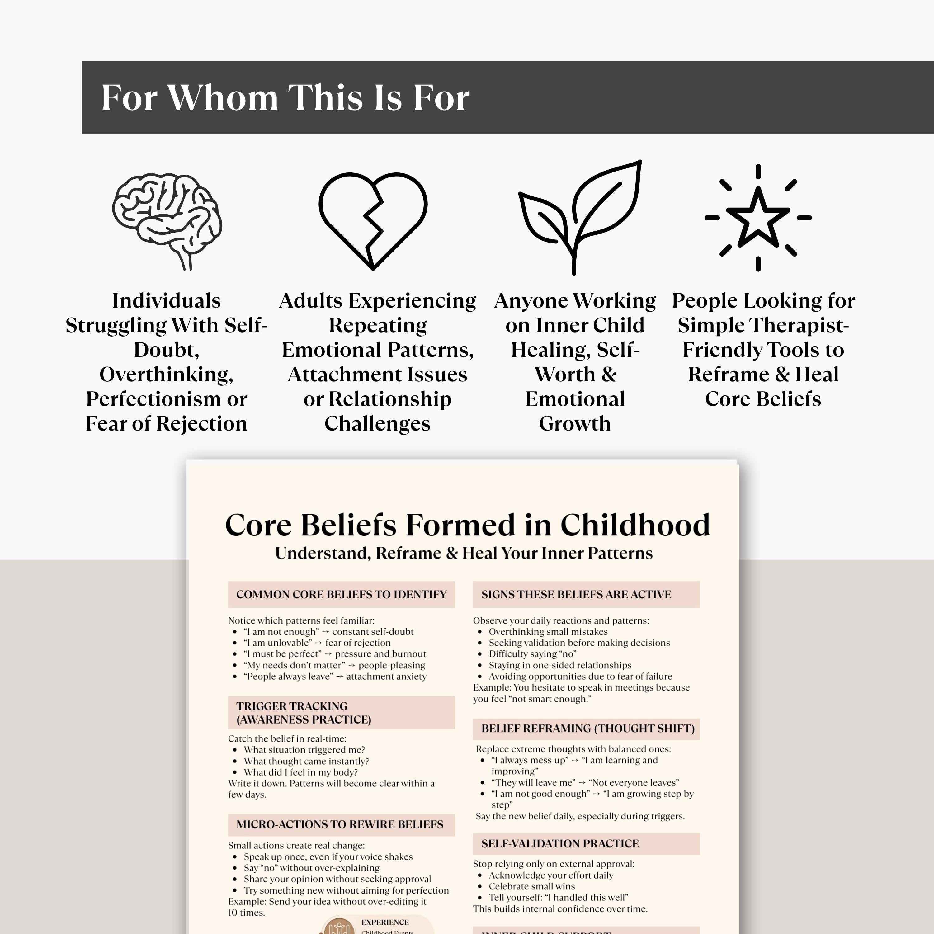 Core Beliefs Healing Worksheet, Inner Child Therapy Cheat Sheet for ...