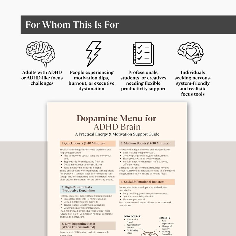 May include: A guide titled "Dopamine Menu for ADHD Brain" with sections on quick boosts, medium boosts, high-reward tasks, social & emotional boosters, and low-dopamine reset. The guide is designed for individuals with ADHD or ADHD-like focus challenges.